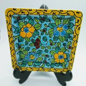Vintage Japan Trinket Dish Vibrant Floral Colors Hand Painted 6.5" Square - Picture 1 of 6