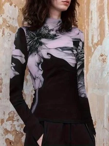 Ruched Mock Neck T-Shirt Black Long Sleeve Light Purple Fashion Women Blouse New - Picture 1 of 2