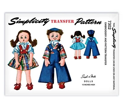 15” Dolls Girl Boy Simplicity Sewing Pattern 7302 Overalls Rag Cloth Fabric DIY - Image 1 of 2