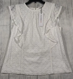 Liz Claiborne Tank Blouse White Floral Shear - Flutter Cap Sleeve - Large Lined - Picture 1 of 6