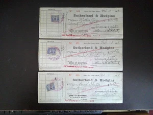 THREE (3) 1929 *BANK OF MONTREAL CANADIAN CHECKS, all with REVENUE STAMPS* - Picture 1 of 2