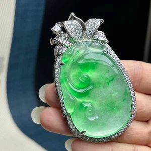 Natural ice green Burmese Jade Jadeite carved Ruyi Pendant&Necklaces - Picture 1 of 9