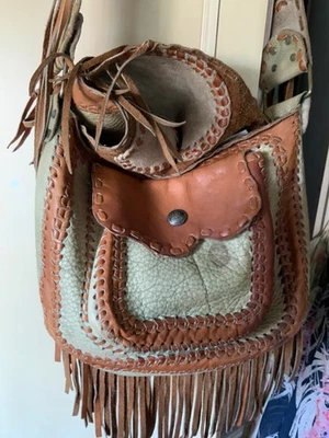 Hippie FRINGE LEATHER BAG Ethnic Tassel boho tan Western vintage Festival - Image 1 of 4