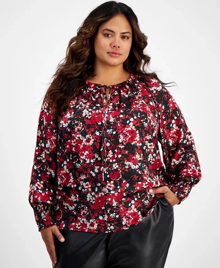 Blusa Campesina Bar III Talla Grande Estampado Floral Para Mujer 2X Negra/Granada Multi Foto 1 de 4