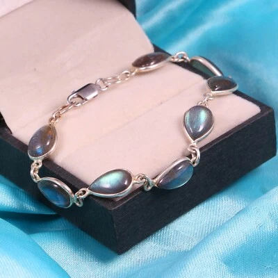 Natural Labradorite Pear Bracelet Friendship Chain Energy 925 Sterling Silver - Image 1 of 4