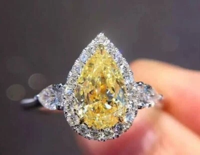 3.75Ct Pear Cut Lab Created Citrine 14k White Gold Plated Halo Engagement Ring - Image 1 of 4