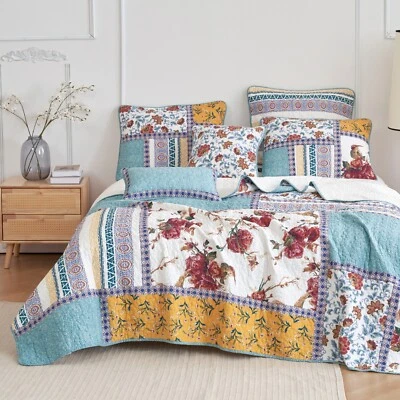 Tache Cotton Quilted Patchwork Pastel Blue Yellow Vintage Rose Farmhouse Quilt - Image 1 of 4