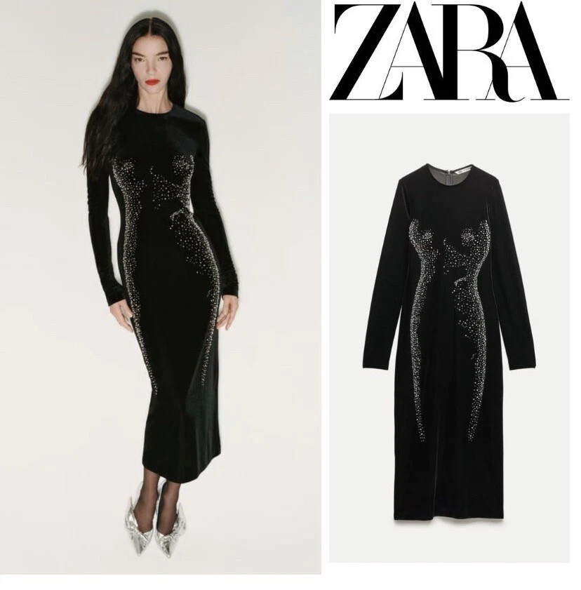 ZARA FW23 SILHOUETTE VELVET DRESS ZW COLLECTION BLACK Size L 2731/327
