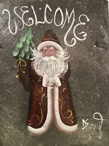 WEIHNACHTEN HANDARBEIT GRAUER SCHIEFER - SIGNIERT WILLKOMMEN SIGNIERT SNOWY SANTA - Bild 1 von 3
