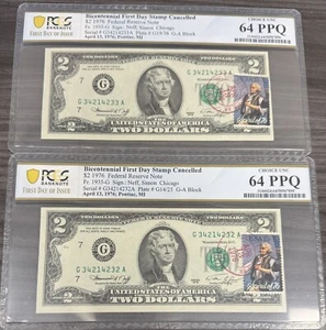 1976 $2 Two Dollar Bill - Stamped 4/13/1976 PCGS 64 PPQ FDOI 2 Consecutive SN V4 - Picture 1 of 1