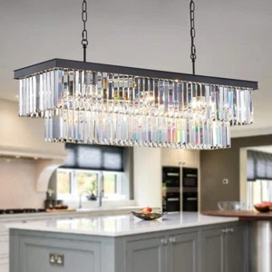 Modern Rectangular Crystal Chandeliers, L40" W12" Classic Crystal Kitchen Light - Picture 1 of 6