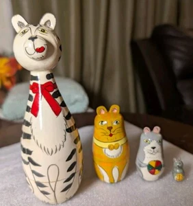 Cleo & Friends Nesting Cats Doll Hand Painted Wooden Bits N Pieces 7" Matroyshka - Picture 1 of 12