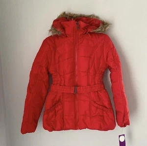 Rampage Faux-Fur-Trim Belted Puffer Coat Red Small - Picture 1 of 4