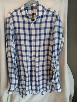 Kiton Men's Custom 42    Linen Blue White Button-Up Long Sleeve  Shirt Italy - Image 1 of 4