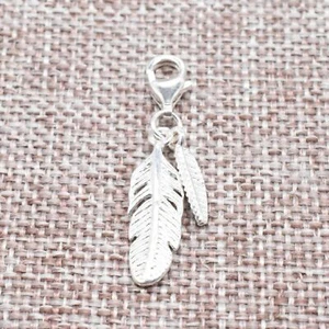 925 Sterling Silver Double Feather Clip On Charm with Lobster Clasp for Bracelet - Picture 1 of 5
