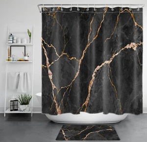 Juego de cortinas de ducha de mármol abstracto dorado sobre negro y gris para decoración de baño - Imagen 1 de 22