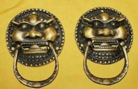 Chinese Copper Bronze Foo Dog Foo Lion Door Knocker Pair Cover