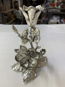 VTG Silver Tone Metal Arthur Court Magnolia With Bird Candle Holder Signed 2001 - Picture 1 of 17