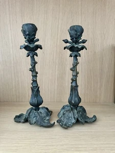 Candelabros antiguos franceses de bronce Art Nouveau con motivo de flor rosa - Imagen 1 de 8