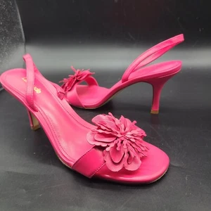 Larroudé Hibiscus Slingback Heel Sandals Magenta Leather Flower Size 8.5 New - Picture 1 of 7