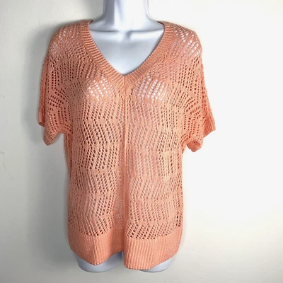 Sonoma Womens Sweater Top Sz M Coral Open Knit V Neck Short Sleeve NEW - Image 1 of 4