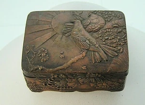 Old Copper-Bronze Finish Metal Trinket-Stamp-Pin Box Rising Sun Birds Foliage - Picture 1 of 9