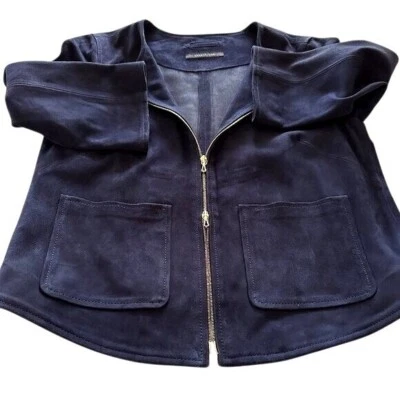 Rene Lezard Round Navy Suede Jacket Gold Double-Zip Front Pockets 3/4 Sleeves 4 — 第 1/4 张图片