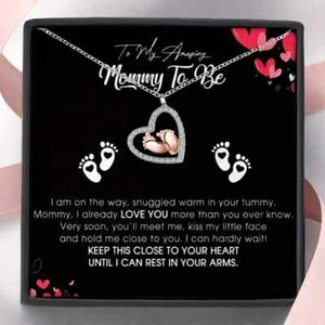 ❤ To My Mommy Necklace Gift For Pregnancy Baby Shower New Mom Heart Baby Feet - Picture 1 of 7