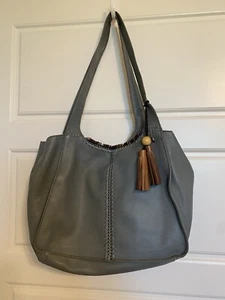 The Sak Shoulder Bag Purse Gray Blue Pebbled Leather Bead Woven Stitch Tassel - Picture 1 of 20