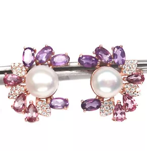7 mm. White Pearl Amethyst Topaz Cubic-Zirconia Earrings Silver 925 Sterling - Picture 1 of 5