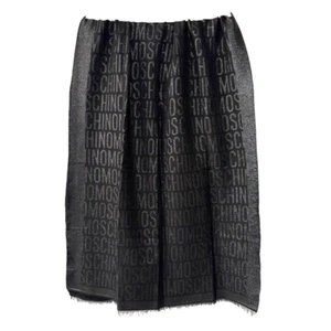 Moschino Classic Black Monogram Scarf Silver Metallic All Over Print Logo Fringe - Picture 1 of 8