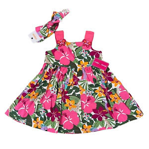 NWT Gymboree Pink/Green/Orange Tropical Flower Dress & Headband -12-18 Months