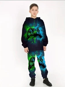 BOys Fashion Game Controller Print Long Sleeve Hooded Sweatshirt & Sweatpants - Picture 1 of 6