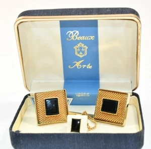 Vintage Swank Beaux Arts Cufflinks Tie Clip Tac Genuine Black Obsidian Gold colo - Picture 1 of 8
