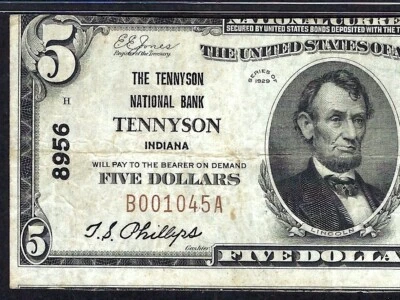 🇺🇸 IN 1929 $5  ♚♚TENNYSON, INDIANA♚♚ PMG VERY FINE 25 HARD TO FIND!! - Image 1 of 3