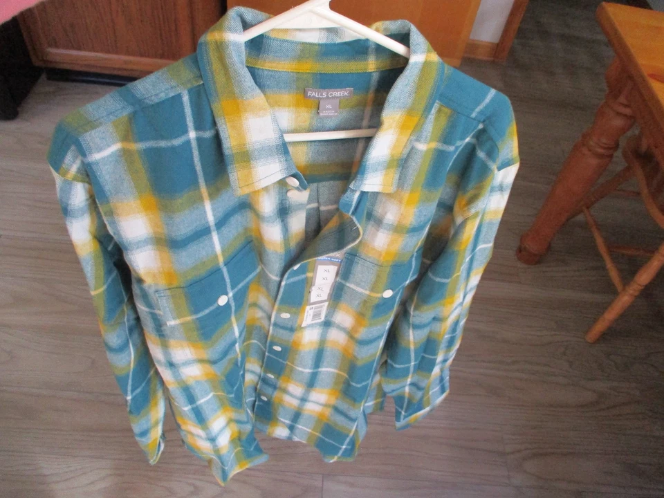 New Falls Creek Men's Flannel Button Up Shirt,Teal & Yellow,Size Xlg - Image 1 of 4