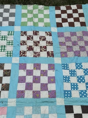 VTG Patchwork Quilt Cotton Feedsack Hand Stitch To Finish 25 Patch 80x92" - Image 1 of 4