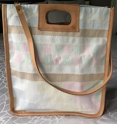 Elephant Walk * Vintage Leather Dhurrie Tapestry Kilim Southwest Pastel Tote Bag - Image 1 of 4