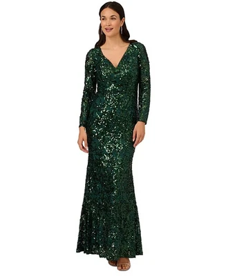 Adrianna Papell Women's Green Sequined Lace V-Neck Gown Dress Size 6 - Image 1 of 4