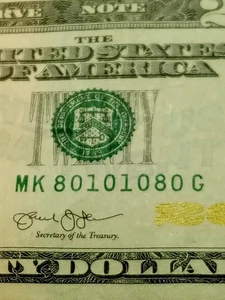 $20 2013 Federal Reserve Note 7 Digit Radar Trinary Fancy Serial Number 80101080 - Picture 1 of 11