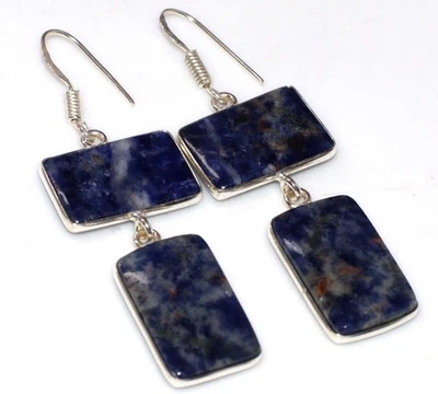 Sodalite 925 Silver Plated Gemstone Earrings 2.5" Aesthetic Jewellery GW - Image 1 of 3
