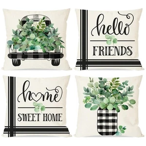 Black Buffalo Plaid Green Eucalyptus Leaves Pillow Covers 20x20 Set of 4, Far... - Picture 1 of 7