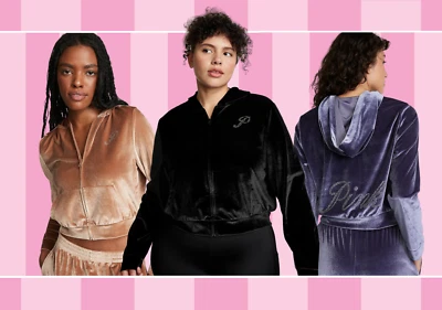 Victoria's Secret PINK VELOUR SHINE LOGO CREMALLERA COMPLETA CROP SUDADERA CON CAPUCHA L, 2XL NUEVO CON ETIQUETAS Foto 1 de 4
