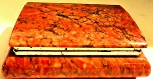 Natural Peachy Orange Stone Hinged Lid Box Gold Tone Trim 6 X 4 1/2" Trinkets - Picture 1 of 9