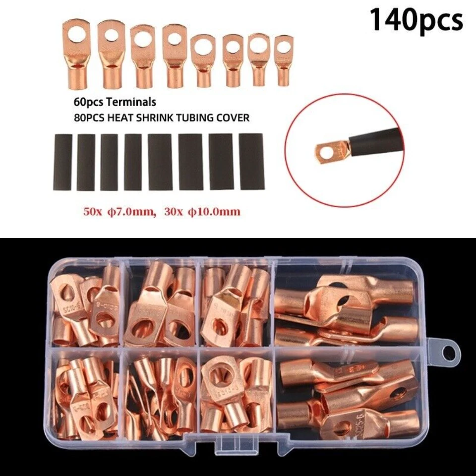 140PCS Copper Ring Lug Terminals Heat Shrink Tubing Car Battery Wire Connectors - Image 1 of 4