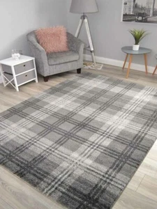 Livingroom Rug Tartan Carpet Soft Quality Silver Charcoal Mats Long Hall Runners - Picture 1 of 7