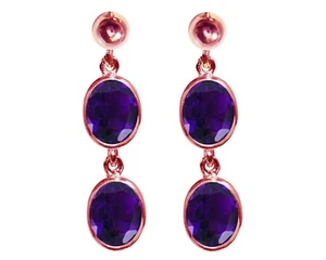 9ct Rose Gold Natural Amethyst Oval Double Drop Dangling Studs Earrings British - Picture 1 of 4