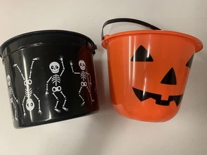 Trick Or Treat Pails Skeletons & Pumpkin Candy Pail Pair Buckets Halloween BinB - Picture 1 of 2