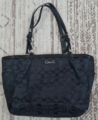 Bolso de Mano Coach F17726 Signature a Rayas - Bolso de Hombro Borde de Cuero Negro Foto 1 de 4