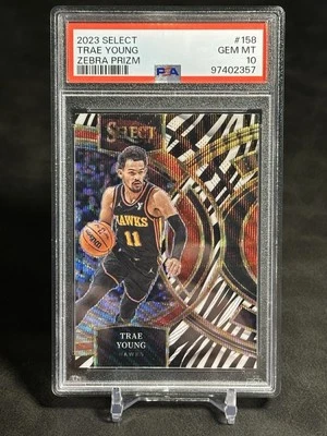 2023-24 Panini Select #158 Trae Young Premier Zebra Prizm SSP PSA 10 Hawks - Image 1 of 2